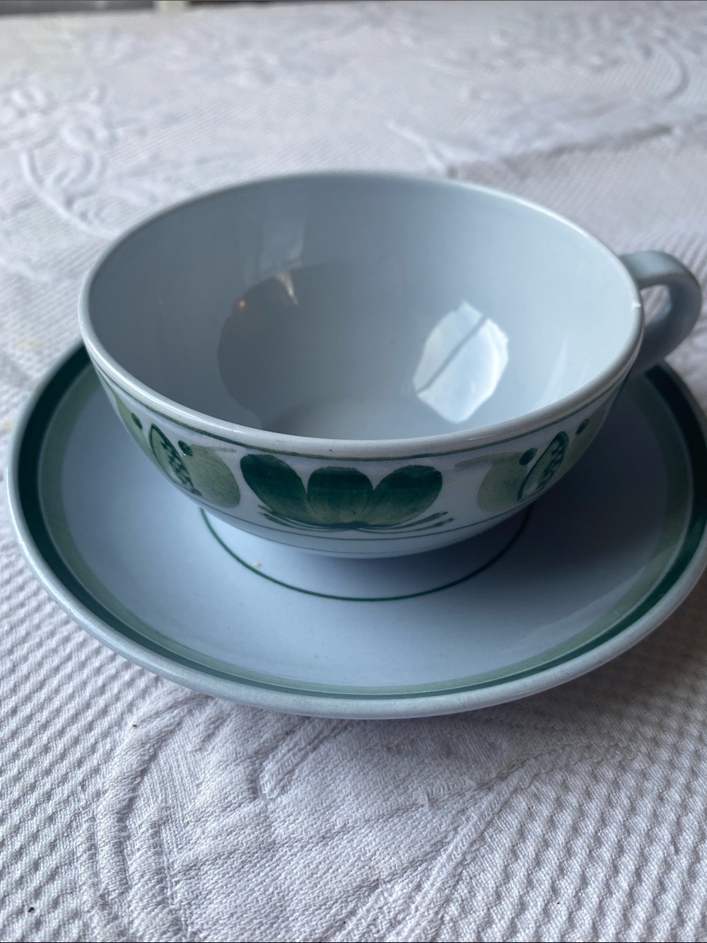 Arabia Green Laurel White Ceramic Tea Cup and Saucer with Green Floral Band